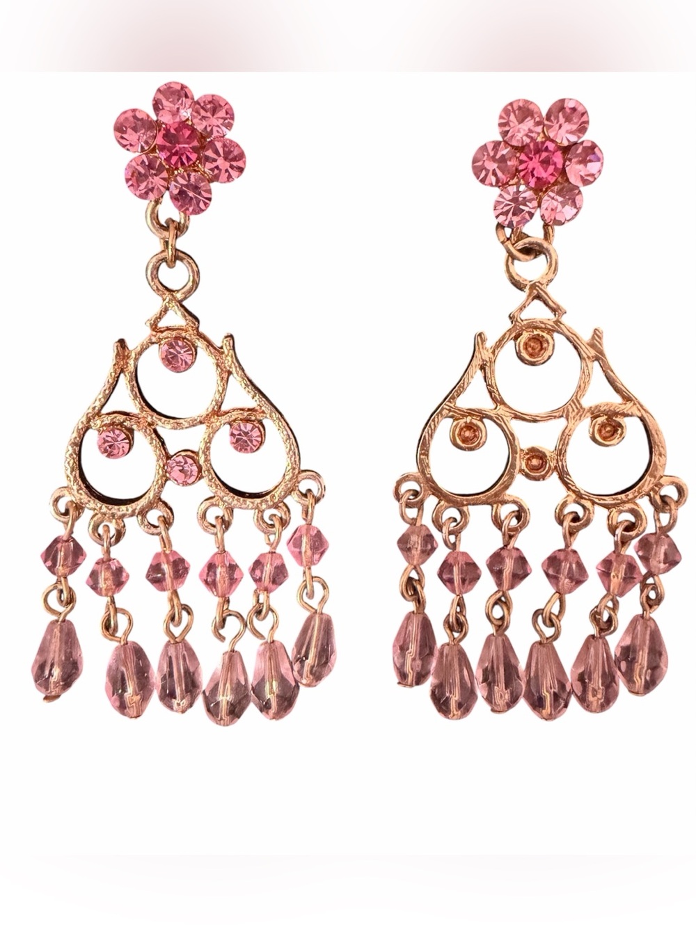 Susan Lucci Pink Rhinestone Chandelier Earrings Gold Tone Dangle Statement